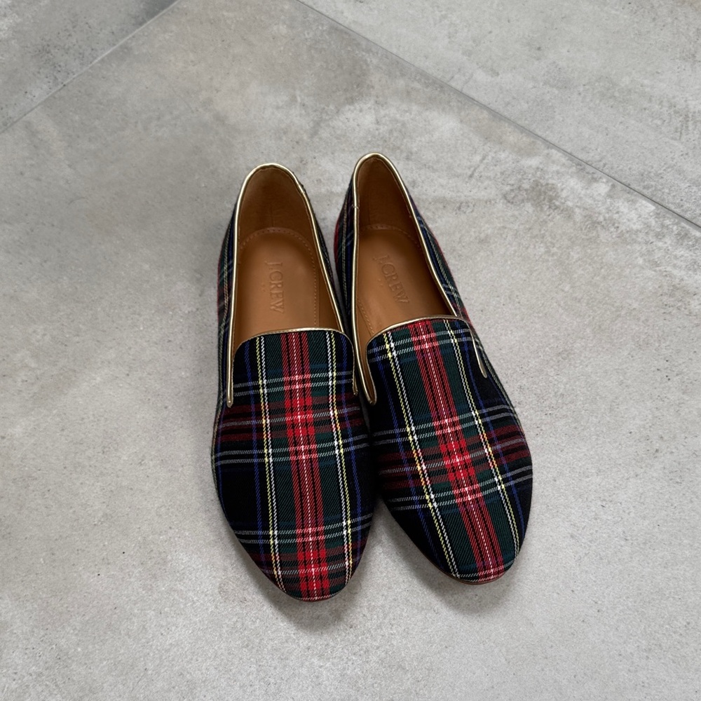 J. Crew Plaid Tartan Loafers in Red, Green, Navy with Gold Trim